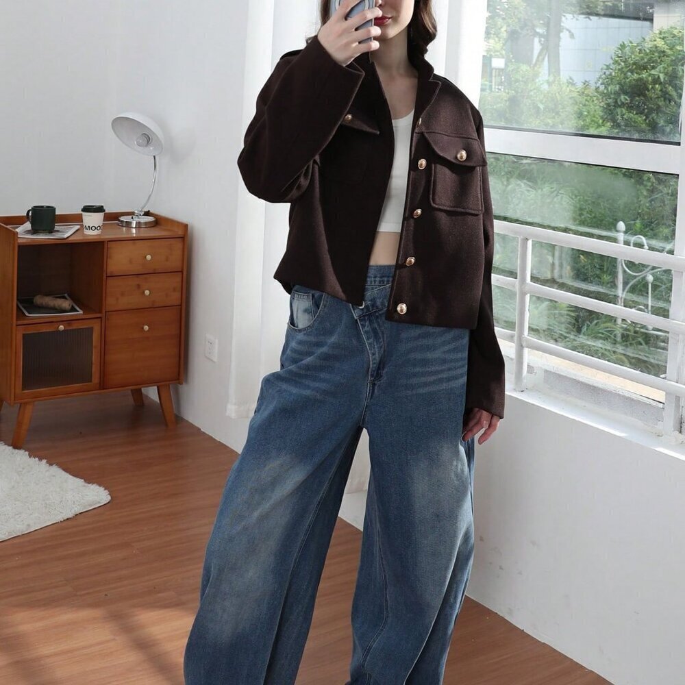 Brown Casual Women's Pockets detailed  Single button Jacket - Picture 5 of 11